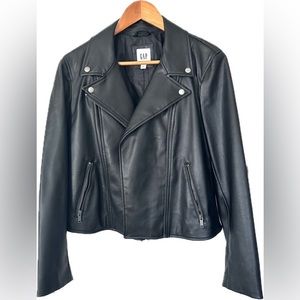 Women’s Black GAP Vegan Leather Moto Jacket with matte finish zippers and snaps